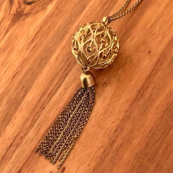 Lucky Brand | Gold Tone Ball and Tassel Necklace | 36” Adjustable - Picture 3 of 4